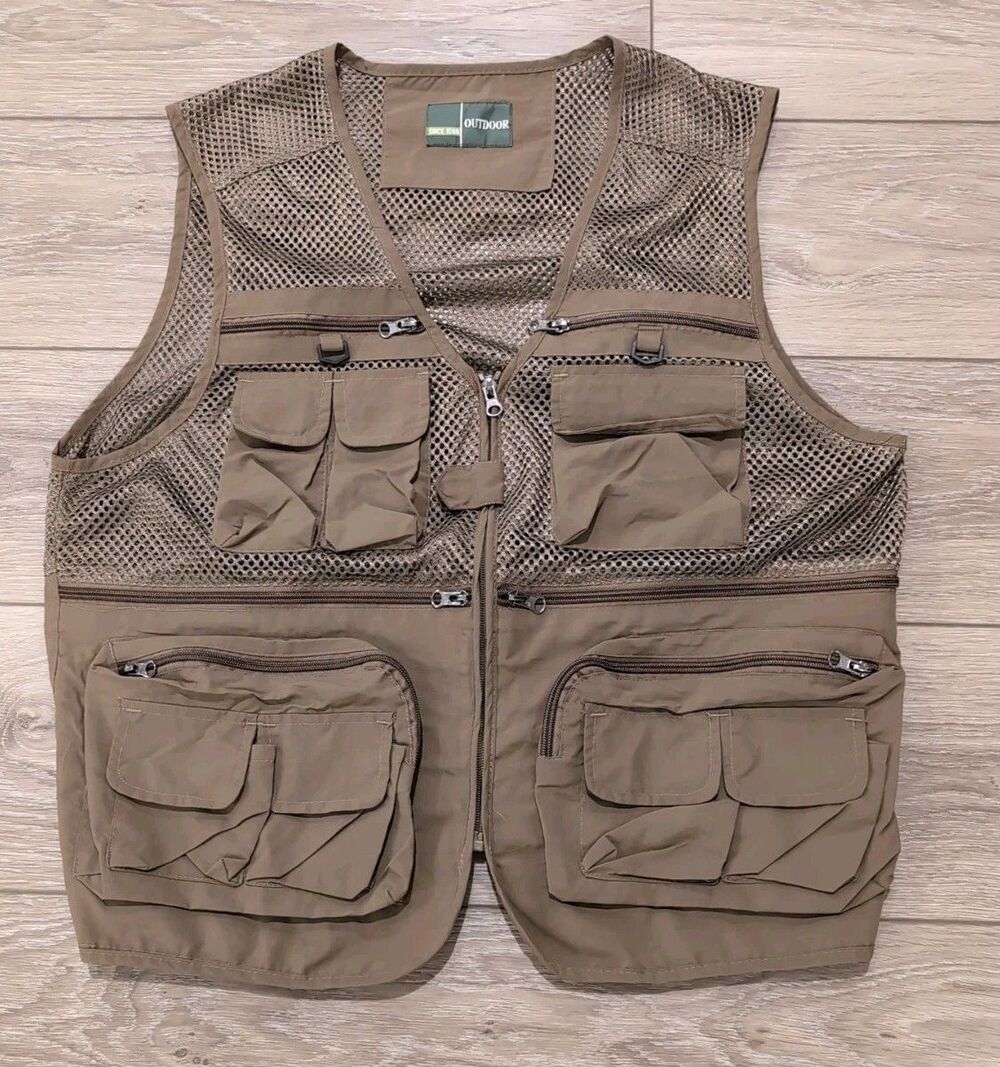 FLY FISHING VEST LARGE OUTDOOR MESH KHAKI UTILITY CARGO MEN'S EUC